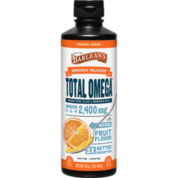 Barlean S Total Omega Orange Crème Fish Oil Supplements with Flax Seed Oil and Borage Oil - 2 400 Mg of Omega 3 9 EPA/Dha - All-Natural Fruit Flavor -GMO