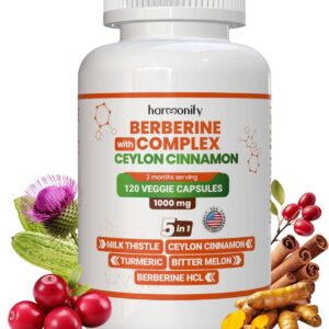 HARMONIFY Berberine with Ceylon Cinnamon, Pure Turmeric, Milk Thistle Bitter Melon, 5 in 1 Formula, 120 Purified Veggie Capsule 1000 mg | Gluten Free, Non-GMO
